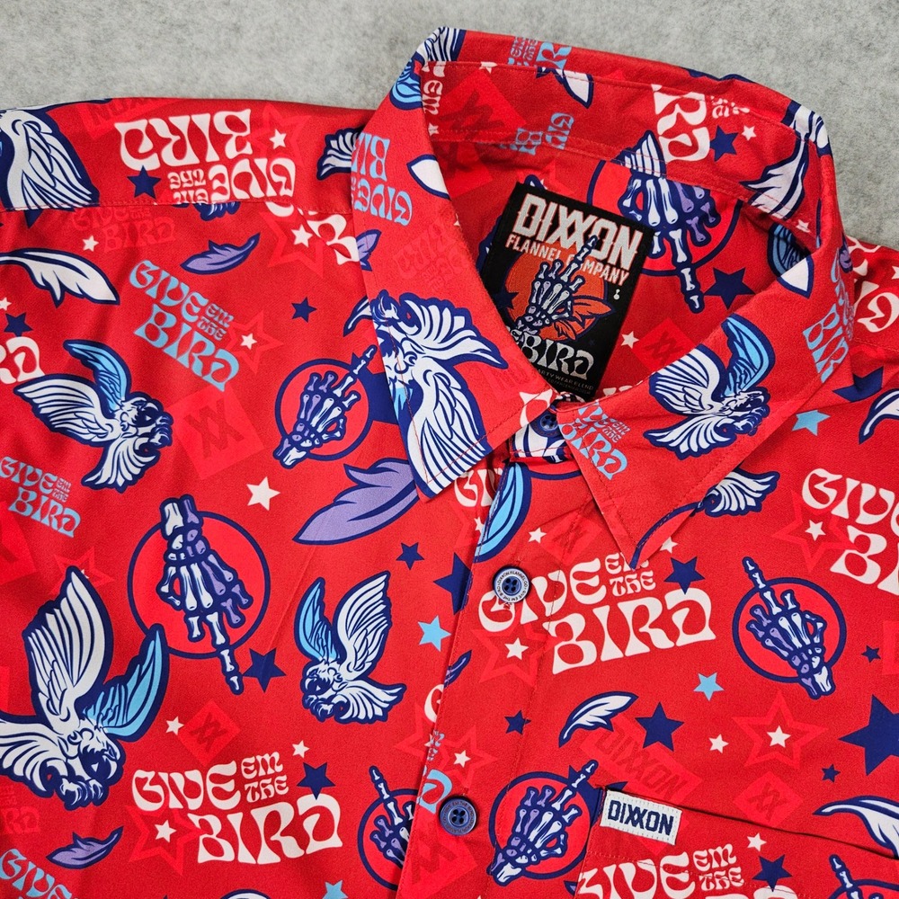 Dixxon Mens Large Red Give Em The Bird Short Sleeve Button Up Party Shirt D-Lite